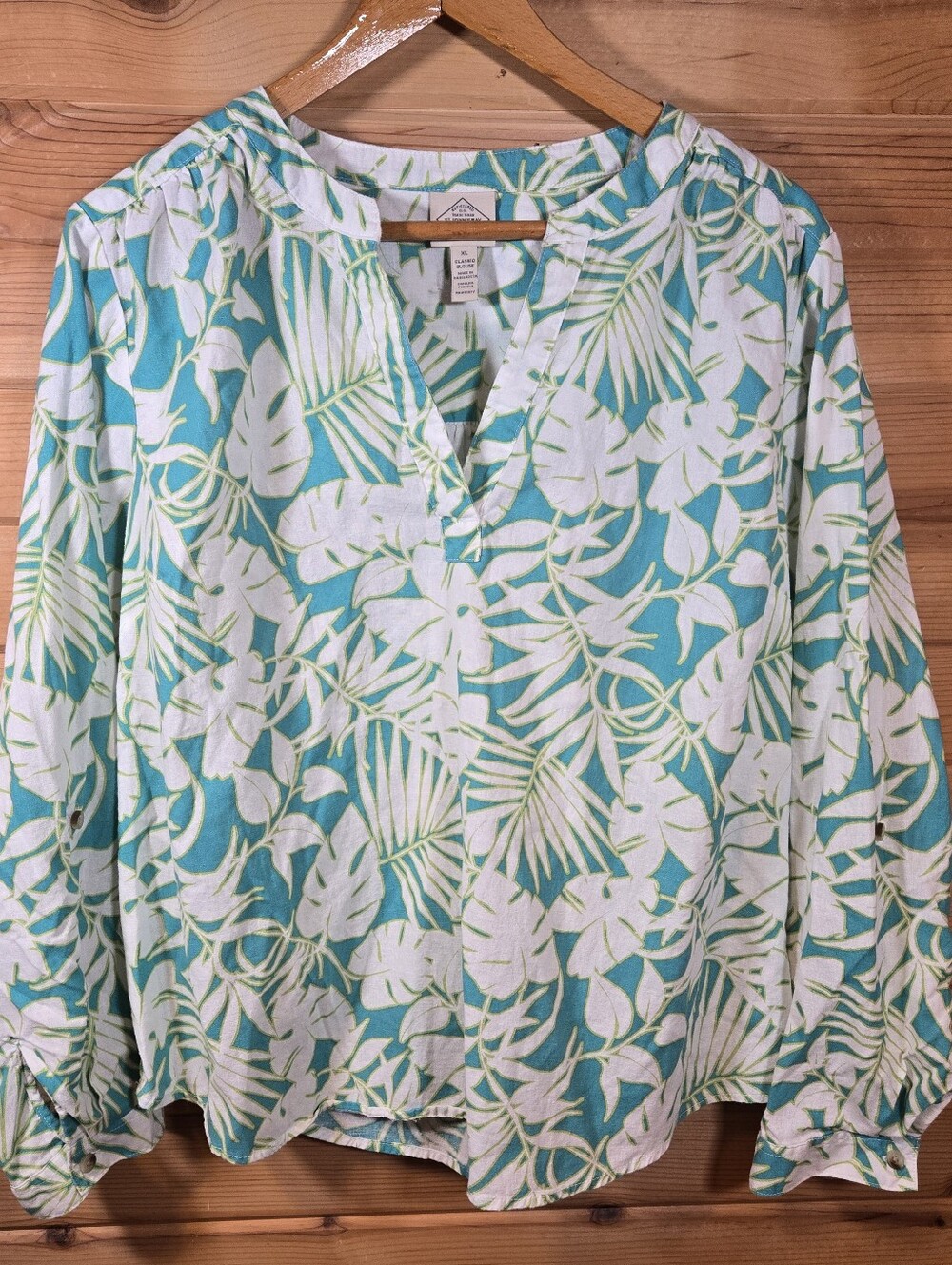 St. John's Bay Popover Top Cotton Linen Women's XL Blue Tropical Resort Beach